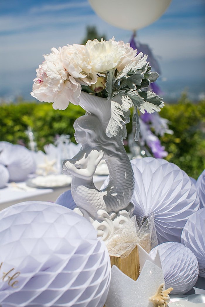 Kara's Party Ideas Mermaid vase + floral arrangement from a Modern Monochromatic Mermaid Party