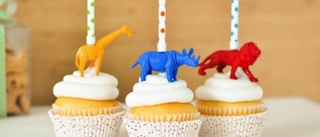 DIY animal candle cake cupcake toppers via Kara Allen | Kara's Party Ideas KarasPartyIdeas.com Giraffe, Lion, Rhino! Jungle Animal party ideas!