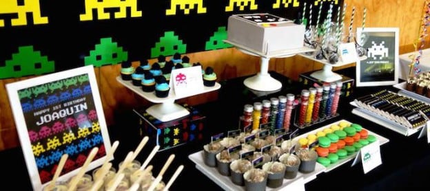 Space Invader themed birthday party with Lots of Cute Ideas via Kara's Party Ideas | Cake, decor, cupcakes, printables, favors, games, and MORE! KarasPartyIdeas.com #spaceparty #space #partydecor #partyideas #eventstyling (1)