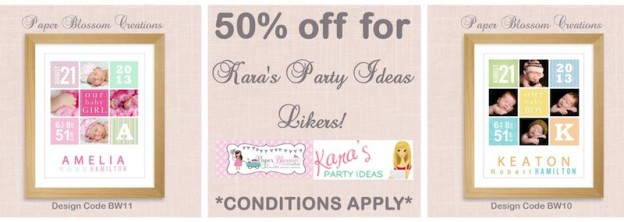 Karas Party Ideas Special 50% off birth detail prints at Paper Blossom Creations!