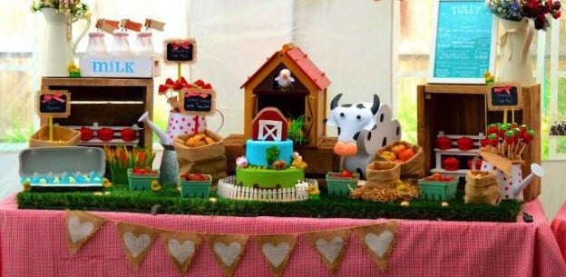 farm barnyard birthday party with cute invitation, cake, cupcakes, decor, supplies, etc! Via Kara's Party Ideas KarasPartyIdeas.com