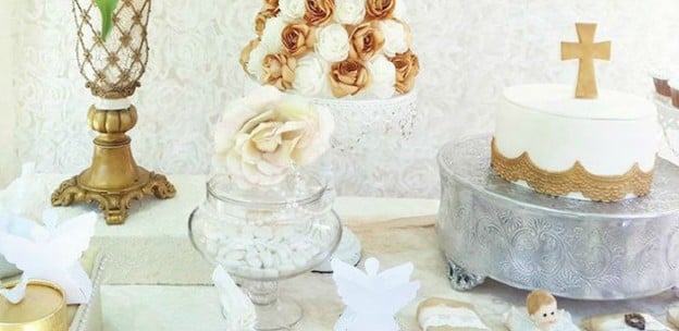 White + Gold Baptism Party via Kara's Party Ideas KarasPartyIdeas.com #baptism #baptismparty #baptismdesserttable (1)