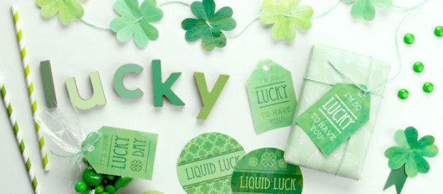Lucky Day FREE St Patrick's Day Party Printables via Kara's Party Ideas by Tinyme! Banner, Garland, Brooches, tags, toppers, and more!