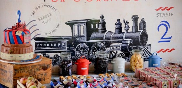 Dessert Table Backdrop from a Vintage Train Birthday Party via Kara's Party Ideas KarasPartyIdeas.com (1)
