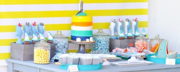Dessert table at a Jawesome shark themed birthday party by Kara Allen | Kara's Party Ideas | Cute for Shark Week!