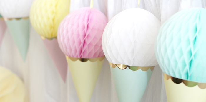 Ice Cream Cone Tissue Ball Banner from an Ice Cream Parlor Birthday Party via Kara's Party Ideas KarasPartyIdeas.com (2)