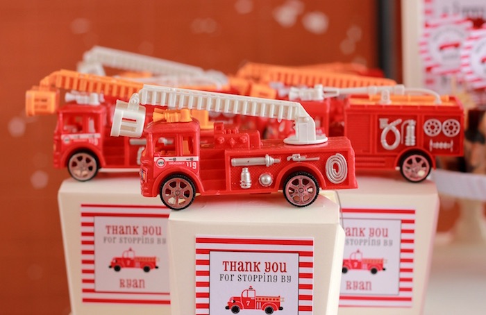 Firetruck favors + boxes from a Firefighter Birthday Party via Kara's Party Ideas | KarasPartyIdeas.com (9)