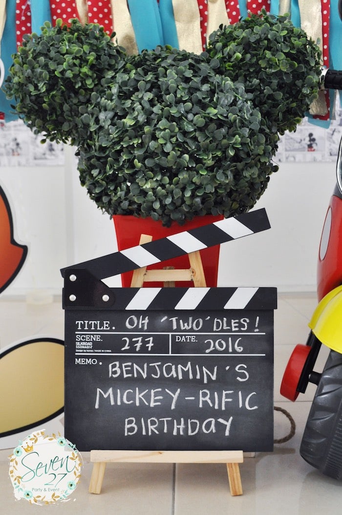 Chalkboard movie clapboard and Mickey Mouse topiary from a Vintage Mickey Mouse Themed Birthday Party via Kara's Party Ideas | KarasPartyIdeas.com (32)