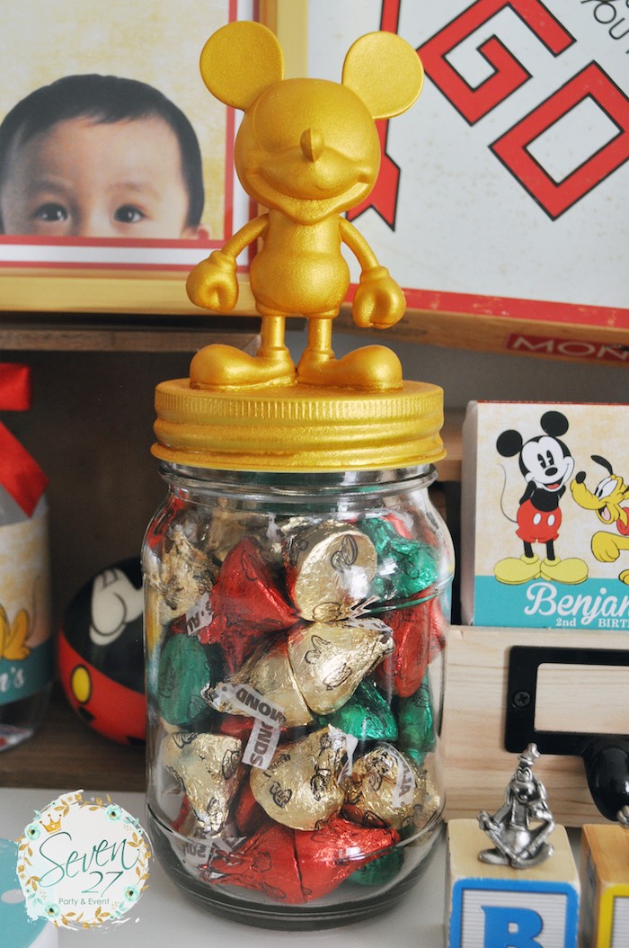Mickey Mouse mason favor jar from a Vintage Mickey Mouse Themed Birthday Party via Kara's Party Ideas | KarasPartyIdeas.com (30)