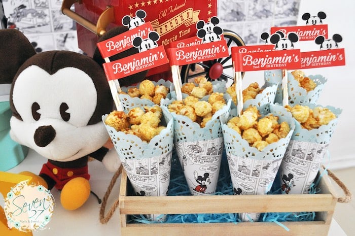Popcorn cones from a Vintage Mickey Mouse Themed Birthday Party via Kara's Party Ideas | KarasPartyIdeas.com (21)
