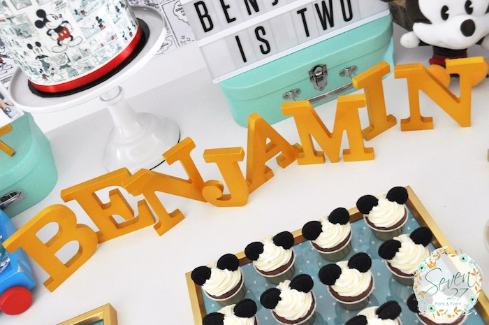 Custom name block letter banner from a Vintage Mickey Mouse Themed Birthday Party via Kara's Party Ideas | KarasPartyIdeas.com (20)