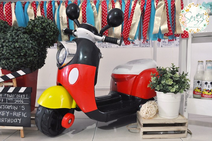 Mickey Mouse-inspired scooter from a Vintage Mickey Mouse Themed Birthday Party via Kara's Party Ideas | KarasPartyIdeas.com (13)