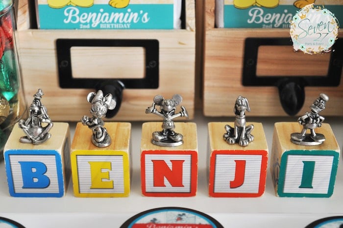 Block letters + Mickey Mouse pewter pieces from a Vintage Mickey Mouse Themed Birthday Party via Kara's Party Ideas | KarasPartyIdeas.com (12)