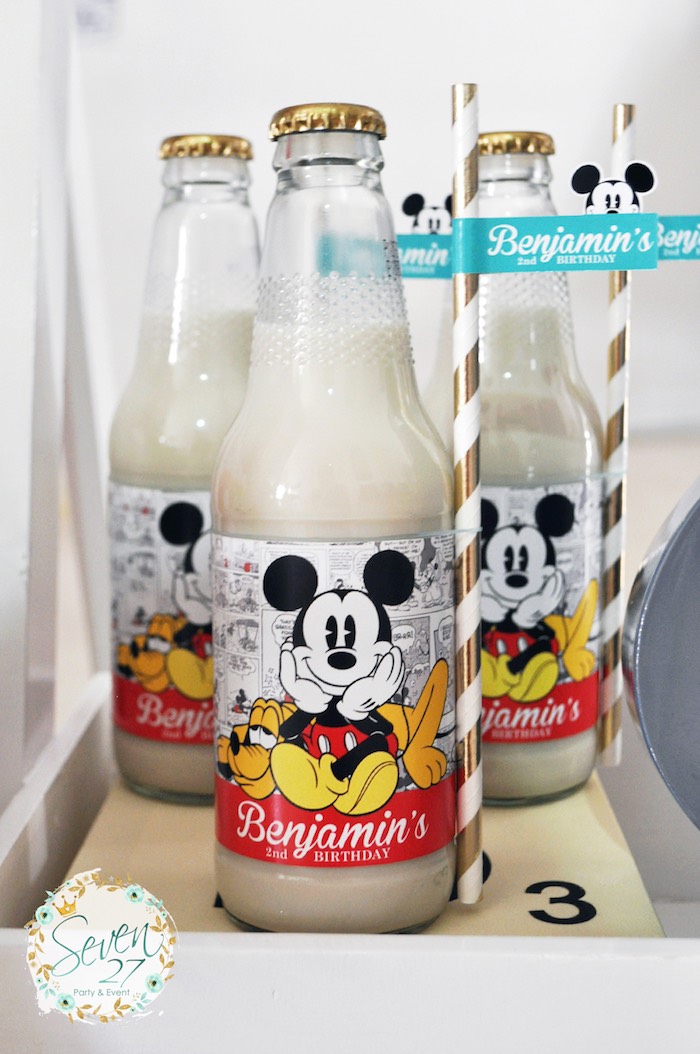 Glass drink bottles from a Vintage Mickey Mouse Themed Birthday Party via Kara's Party Ideas | KarasPartyIdeas.com (37)