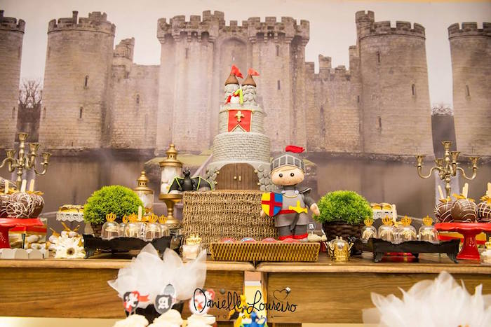 Cake table with castle backdrop from a Knights and Dragons Birthday Party on Kara's Party Ideas | KarasPartyIdeas.com (12)