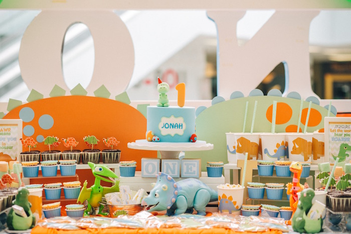 Cake table from a Modern Dinosaur Birthday Party on Kara'a Party Ideas | KarasPartyIdeas.com (15)