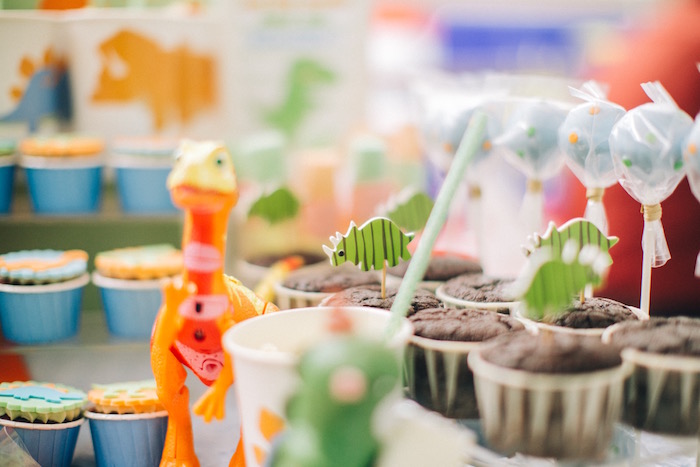 Cupcakes and cotton candy pops from a Modern Dinosaur Birthday Party on Kara'a Party Ideas | KarasPartyIdeas.com (8)