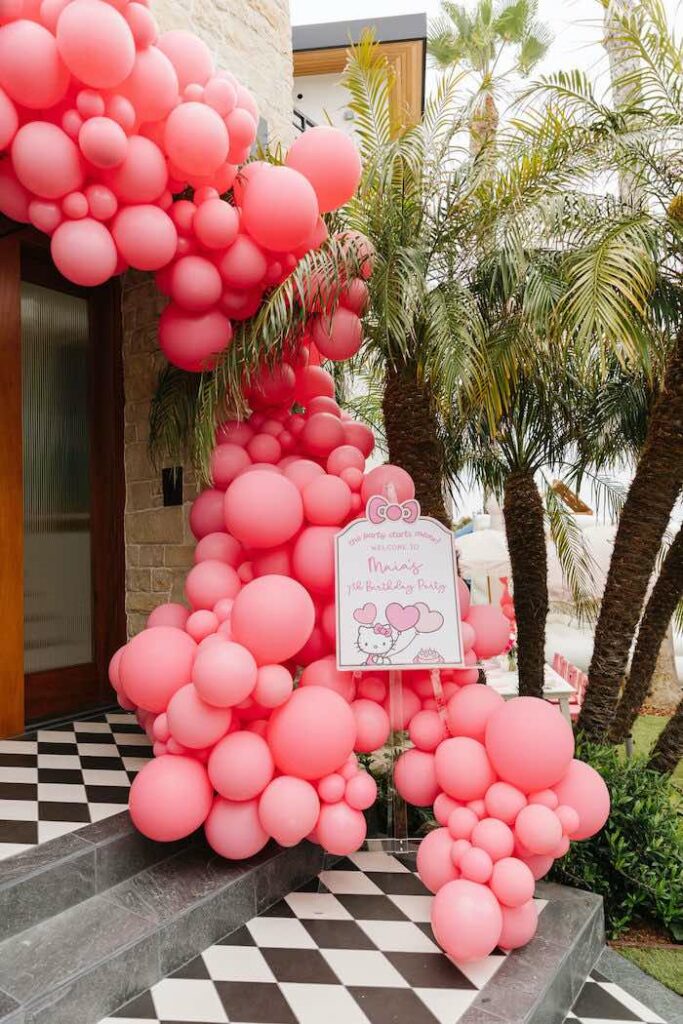 Hello Kitty-inspired Balloon Welcome Garland from a Hello Kitty Party on Kara's Party Ideas | KarasPartyIdeas.com