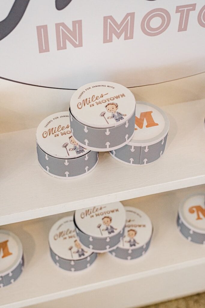 Drum-inspired Favor Boxes from a Rhythm Music Themed 1st Birthday on Kara's Party Ideas | KarasPartyIdeas.com