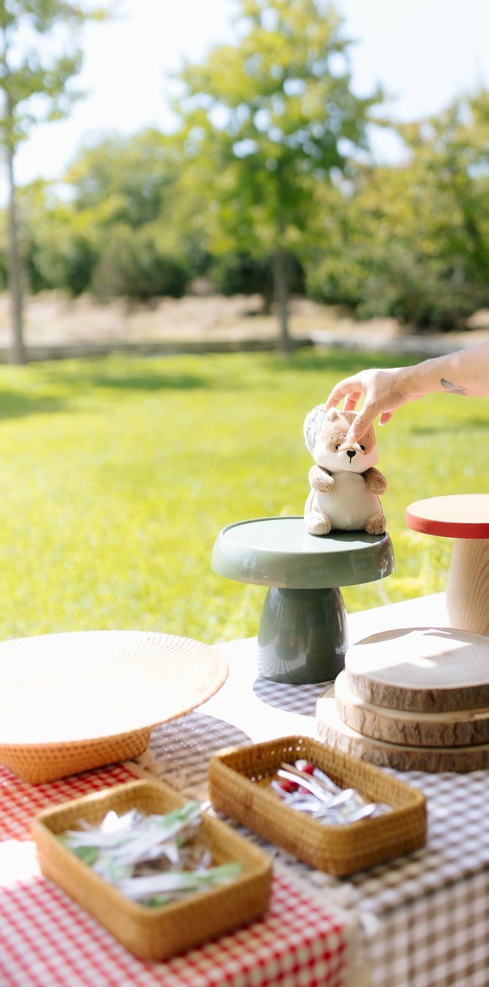 Forest animal and natural wood details on the picnic dessert table