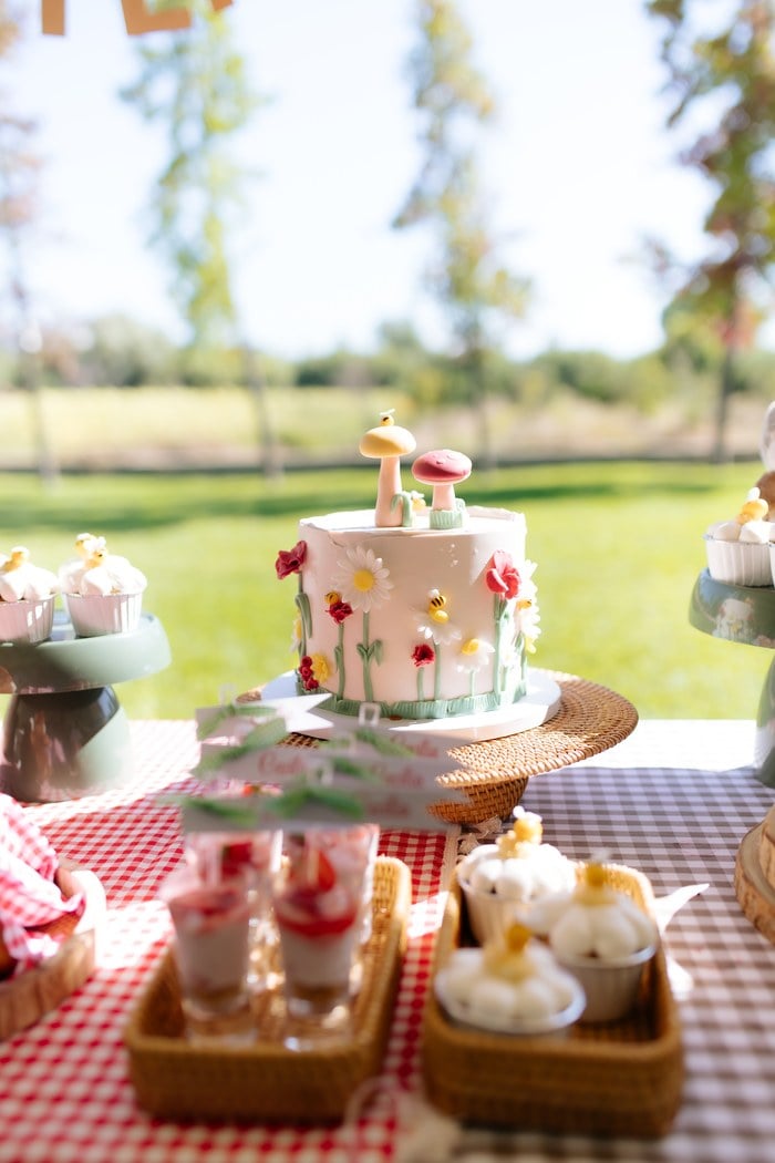 Cecília's mushroom garden birthday cake with flowers, bees and matching cupcakes