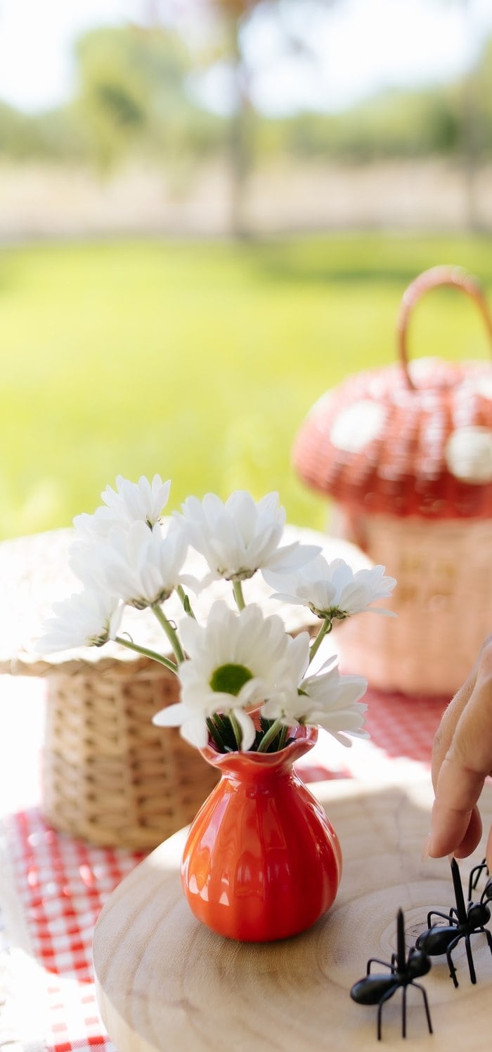 Red mushroom vase with white daisies on a gingham picnic table