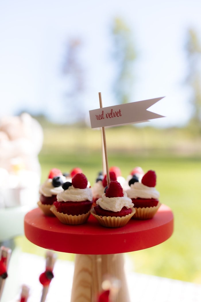 Red velvet cupcakes topped with cream and fresh berries for the picnic party