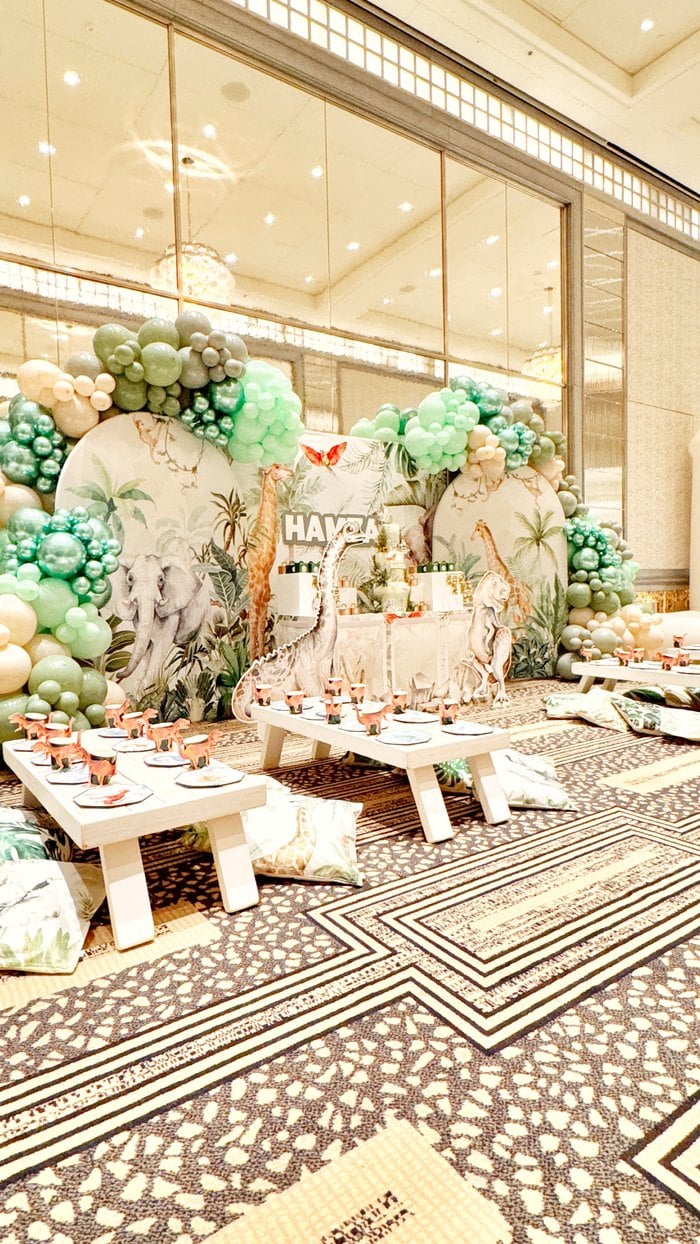 Jurassic safari birthday party setup at The Peninsula Hotel London
