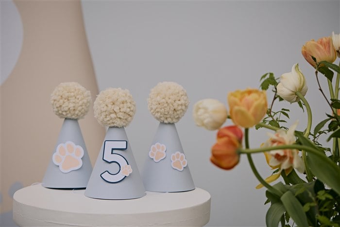 Puppy party hats beside an orange floral arrangement