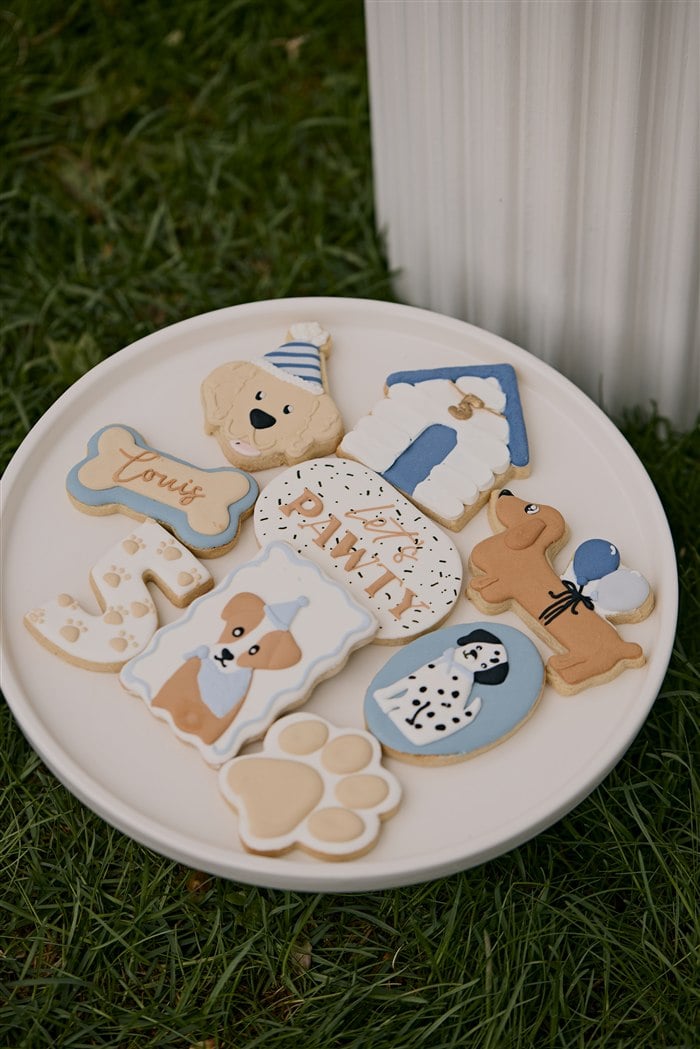 Assortment of dog bone paw and puppy birthday cookies