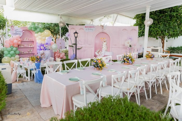 Garden fairy birthday tables and backdrop