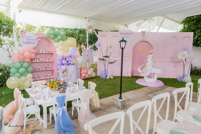 Wide view of Mayara's garden fairy party setup