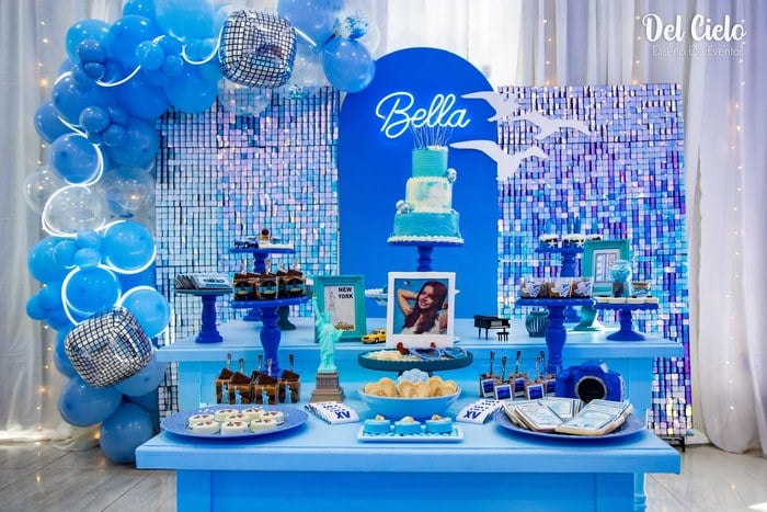 1989 Taylor Swift Inspired Birthday Party dessert table with blue balloons and shimmer backdrop