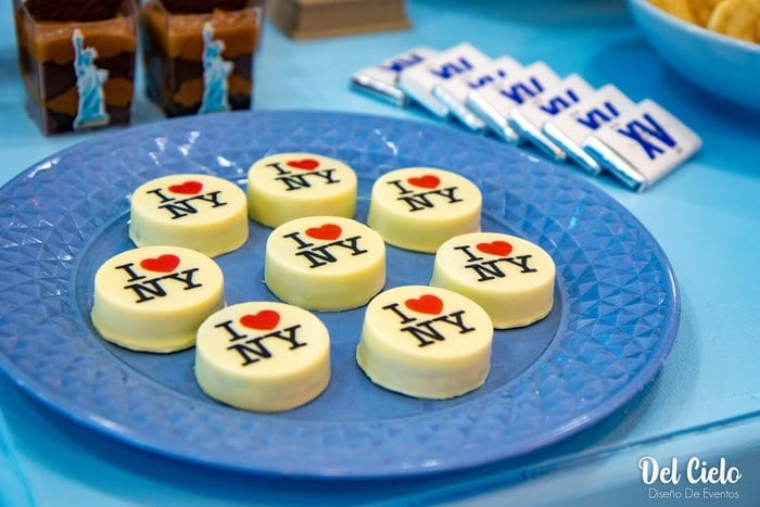 I Love New York chocolate-covered treats on a blue platter