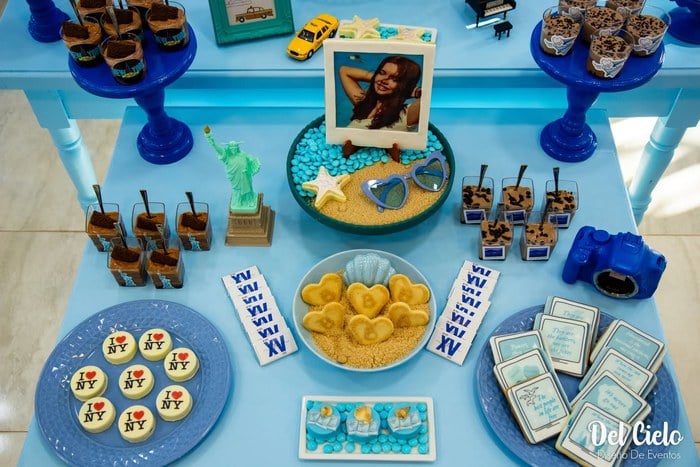 Overhead view of the Taylor Swift 1989 themed dessert table