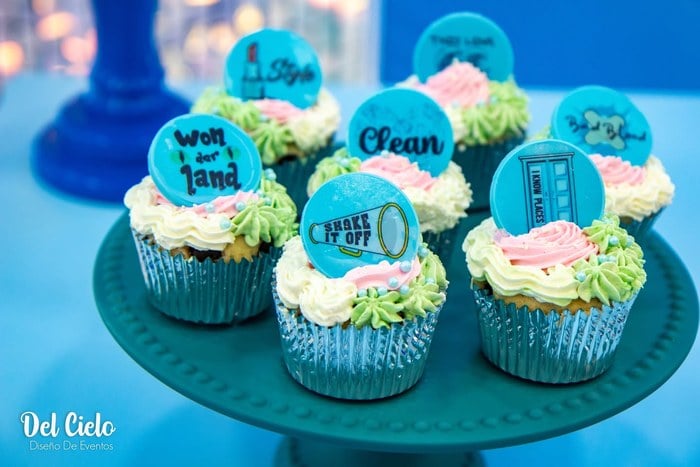 Taylor Swift lyric cupcakes with blue and pink toppers